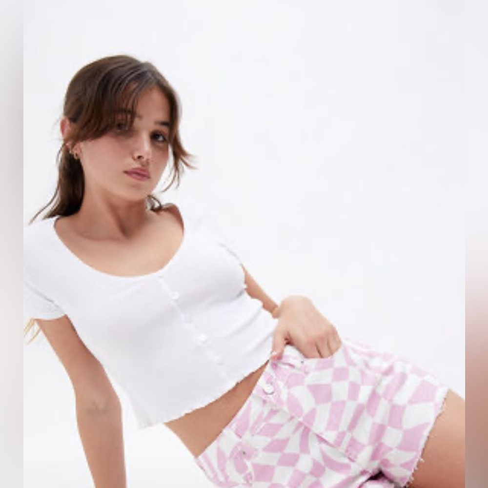 PacSun Pink and White Jean Shorts with Distressed Hem